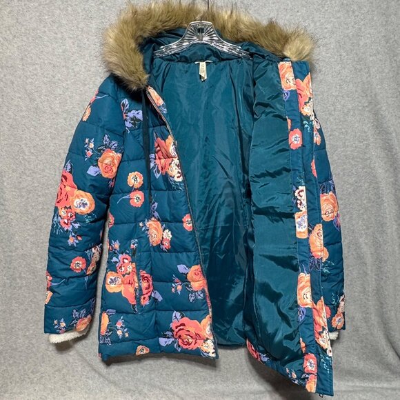 Matilda Jane Womens Large Winter Coat Floral Teal Hooded Break The Ice - Picture 4 of 7